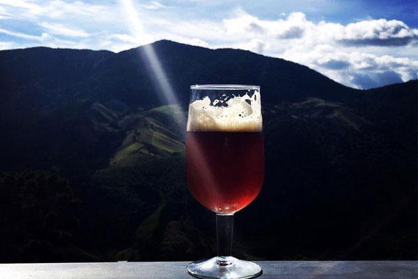 Copo de cerveja bock com espuma bem cremosa na varanda com montanhas da Serra da Mantiqueira ao fundo