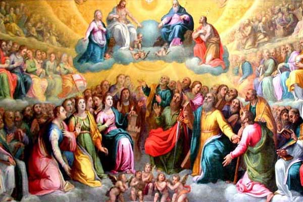 Pintura afresco retratando Deus, Jesus Cristo e vários santos