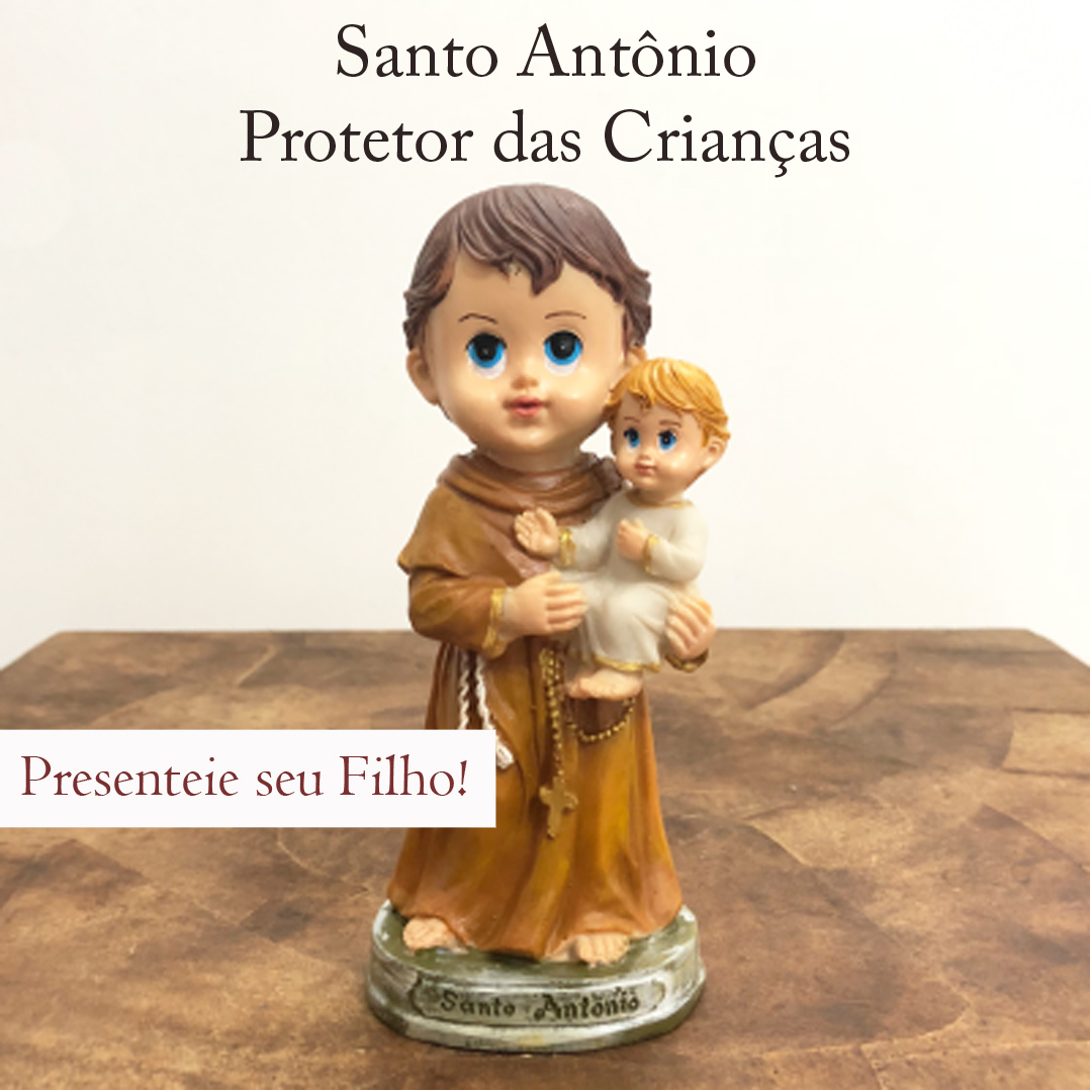 Imagem de Santo Antônio com rosto infantil escrito Presenteie seu filho!