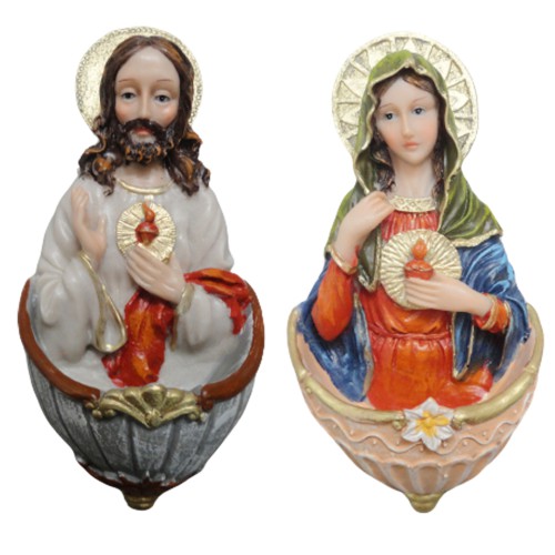 Par de Pia de Água Benta Sagrado Coração de Jesus e Maria - 15 cm - Modelo B