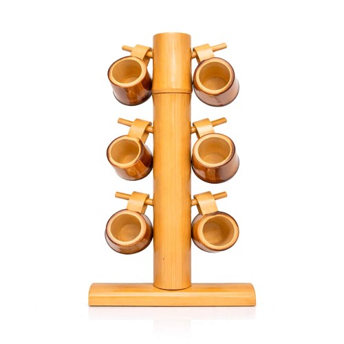 Suporte e 6 canequinhas de Bambu para Cachaça - 8 ml