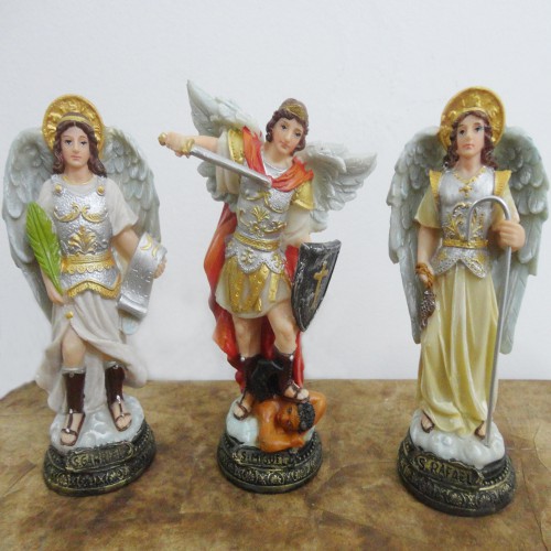 3 Imagens de Arcanjos São Miguel, São Rafael e São Gabriel em Resina - 15 cm - Asas Azuis